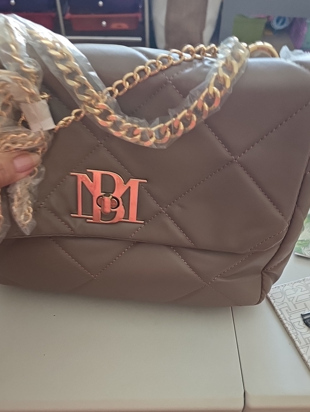 Badgley Mischka Quilted Taupe Shoulder Bag with Gold Chain